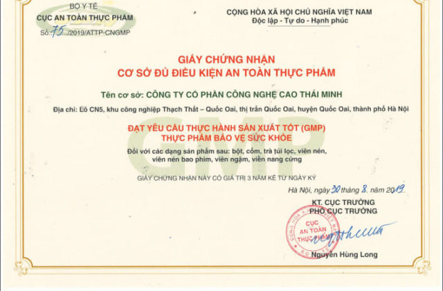 Giấy chứng nhận đạt chuẩn GMP của nhà máy Công nghệ cao Thái Minh